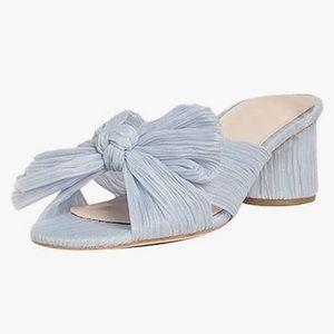 Dupe LR Baby Blue Chunky Block Heel Blue Pleated Bow Slip on Sandals NEW